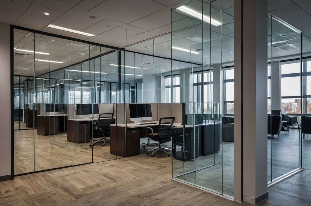 Office space with glass partition walls providing a modern layout.