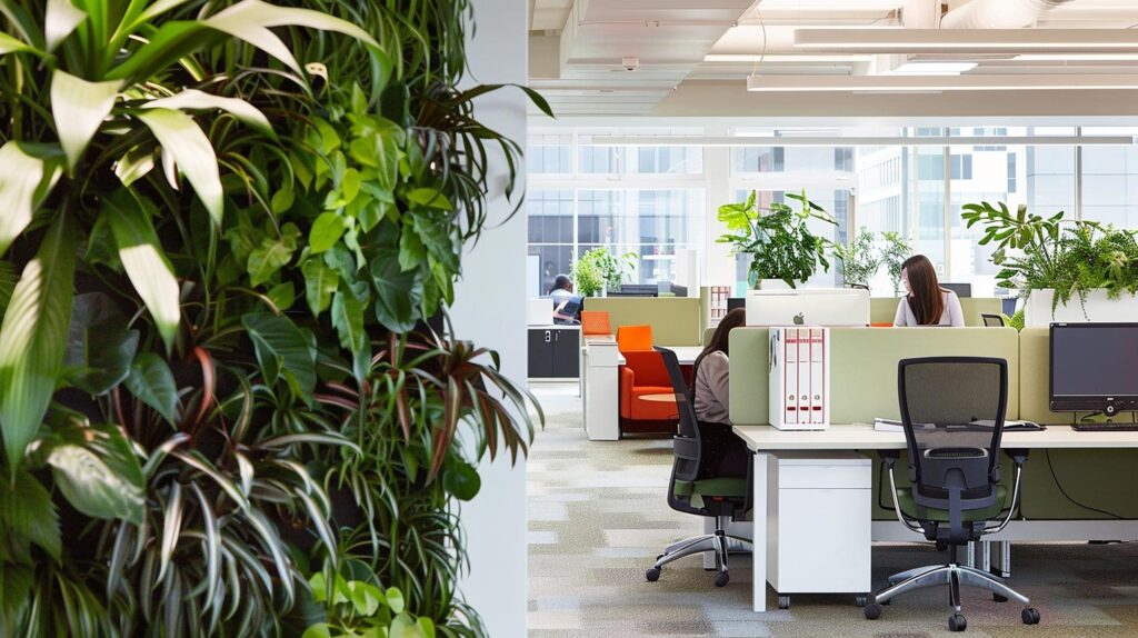 Modern interior design with vertical garden, natural light, and greenery-infused workstations promoting wellness through biophilic design. Modern interior design with vertical garden, natural light, and greenery-infused workstations promoting wellness through biophilic design.