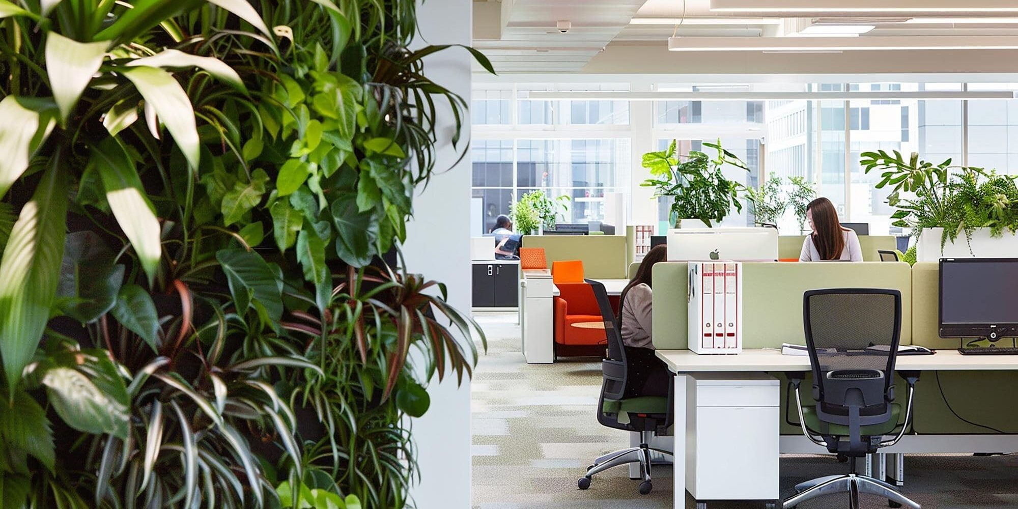 Modern interior design with vertical garden, natural light, and greenery-infused workstations promoting wellness through biophilic design.