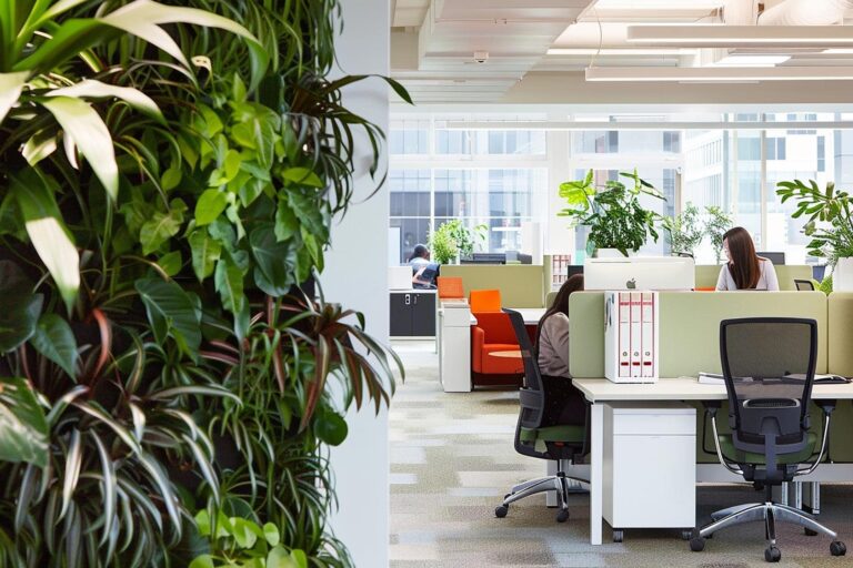 Modern interior design with vertical garden, natural light, and greenery-infused workstations promoting wellness through biophilic design.