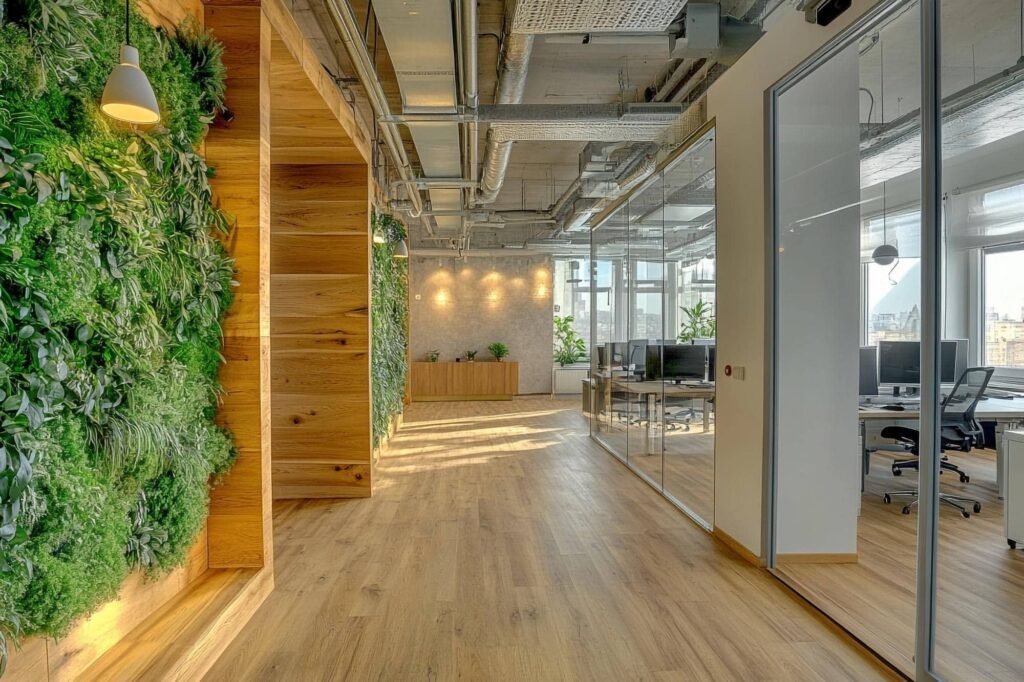 Modern office interior with green wall, wooden flooring, and abundant natural light enhancing sustainable design.-min Modern office interior with green wall, wooden flooring, and abundant natural light enhancing sustainable design.