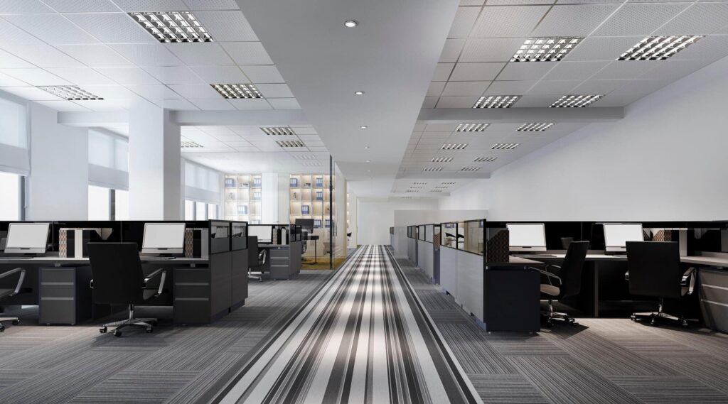 Spacious open-plan office with wide walkways, uniform workstations, and accessible desk layouts. Spacious open-plan office with wide walkways, uniform workstations, and accessible desk layouts.