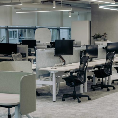 Open-plan office with ergonomic desks, low partitions, potted plants, and a circular light fixture with greenery